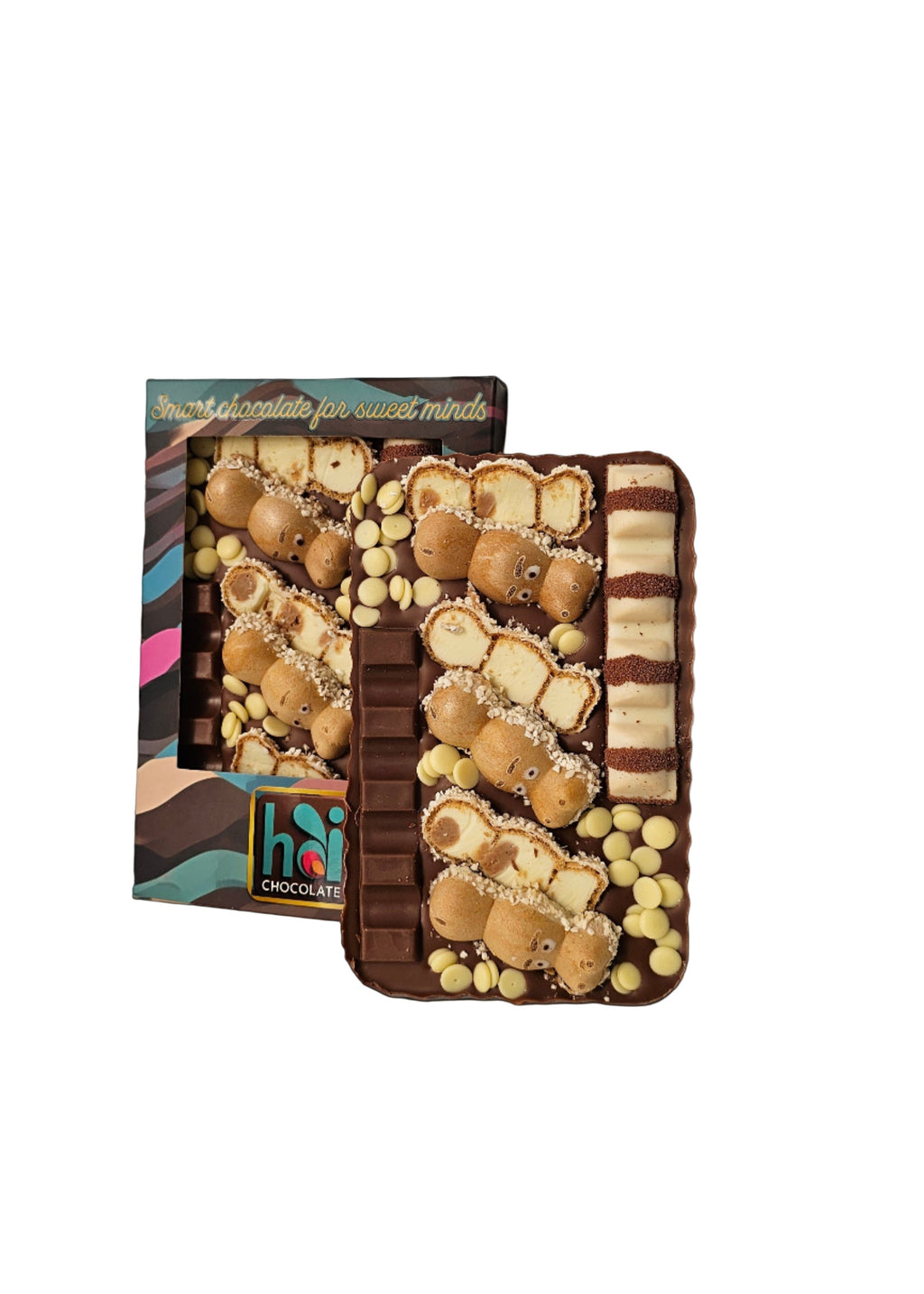 Chocolate assortment with hippos and chocolate on a black background