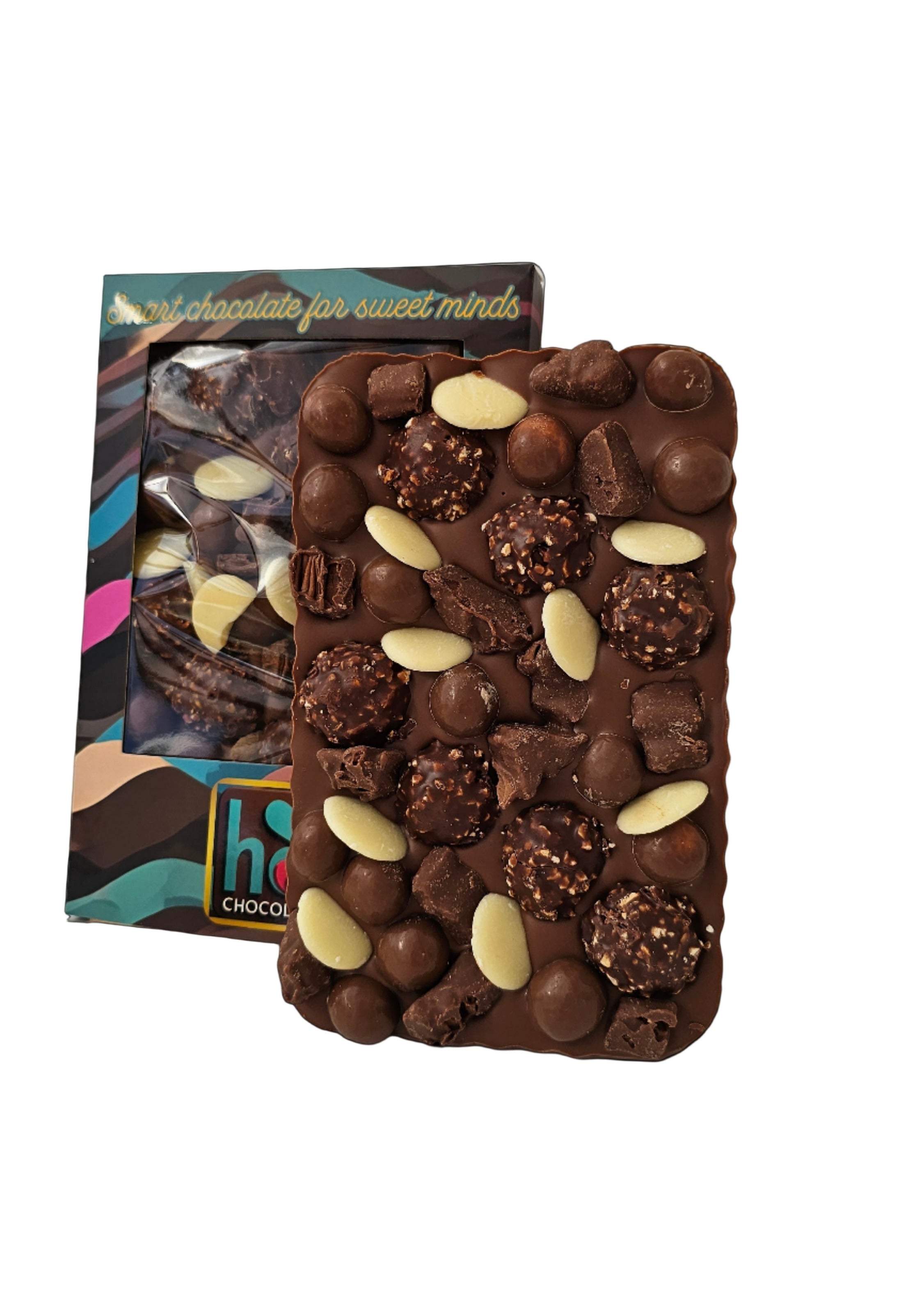 Chocolate bar with nuts and a colorful packaging on a black background