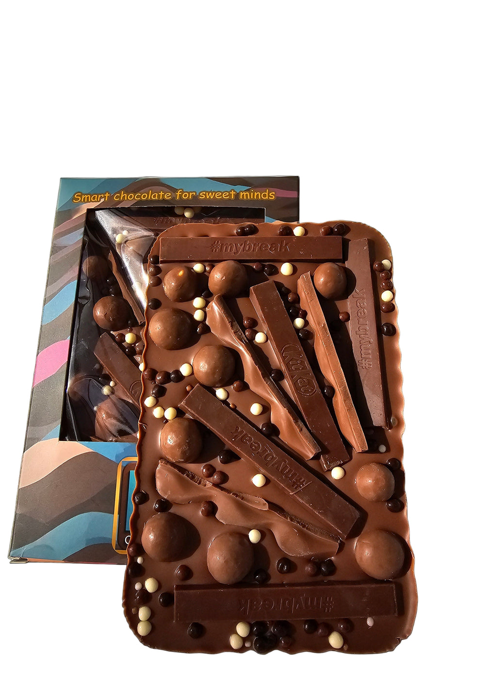 Chocolate bar with various shapes and sizes on a black background