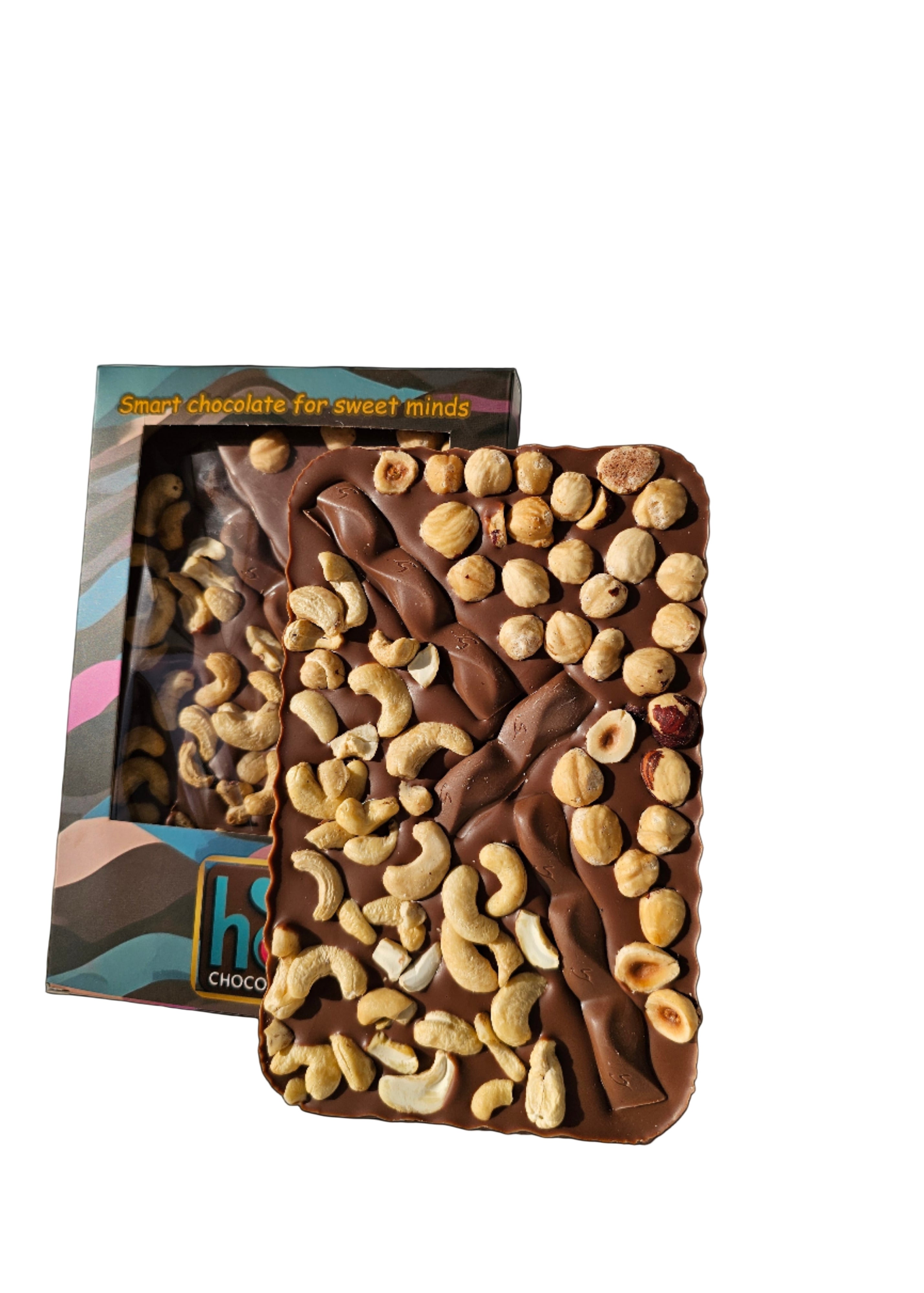 Chocolate bar with nuts and a visible brand logo on a black background