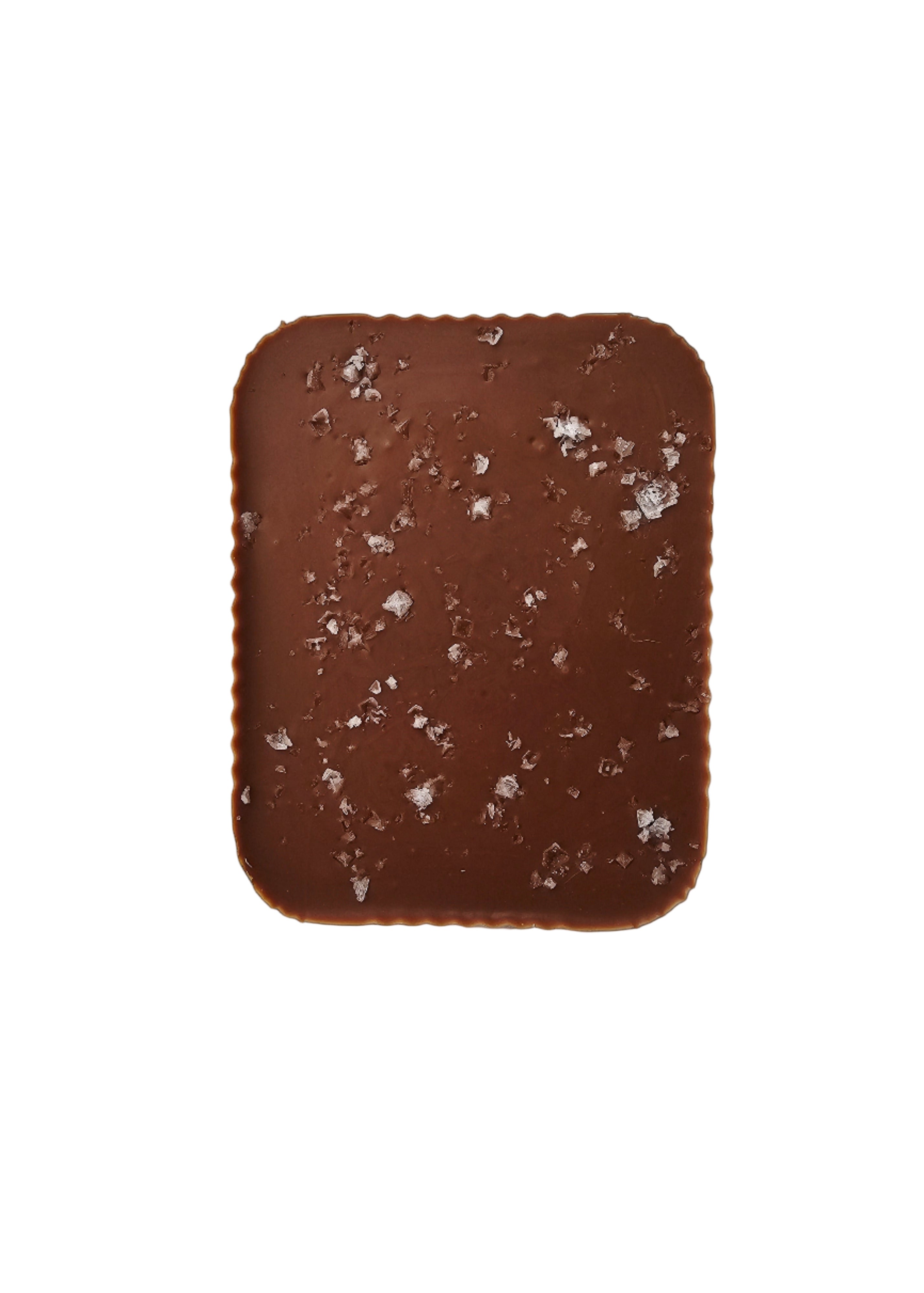Rectangular chocolate bar with visible salt flakes  on a black background