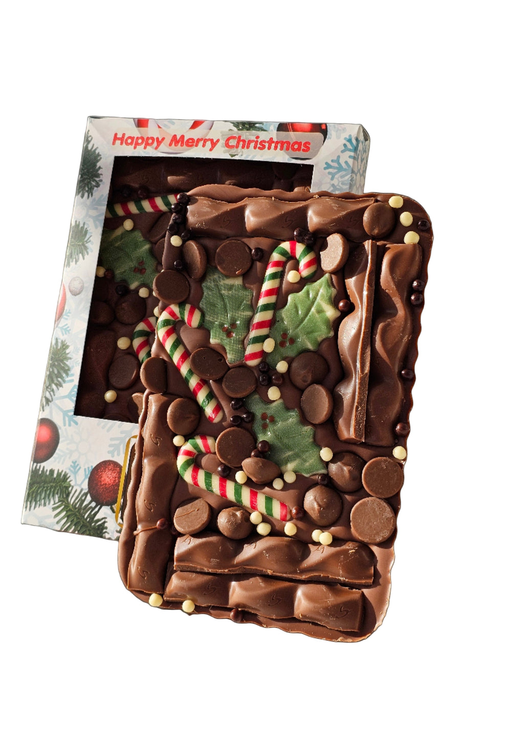 Chocolate bar with candy cane design and Christmas-themed packaging on a black background