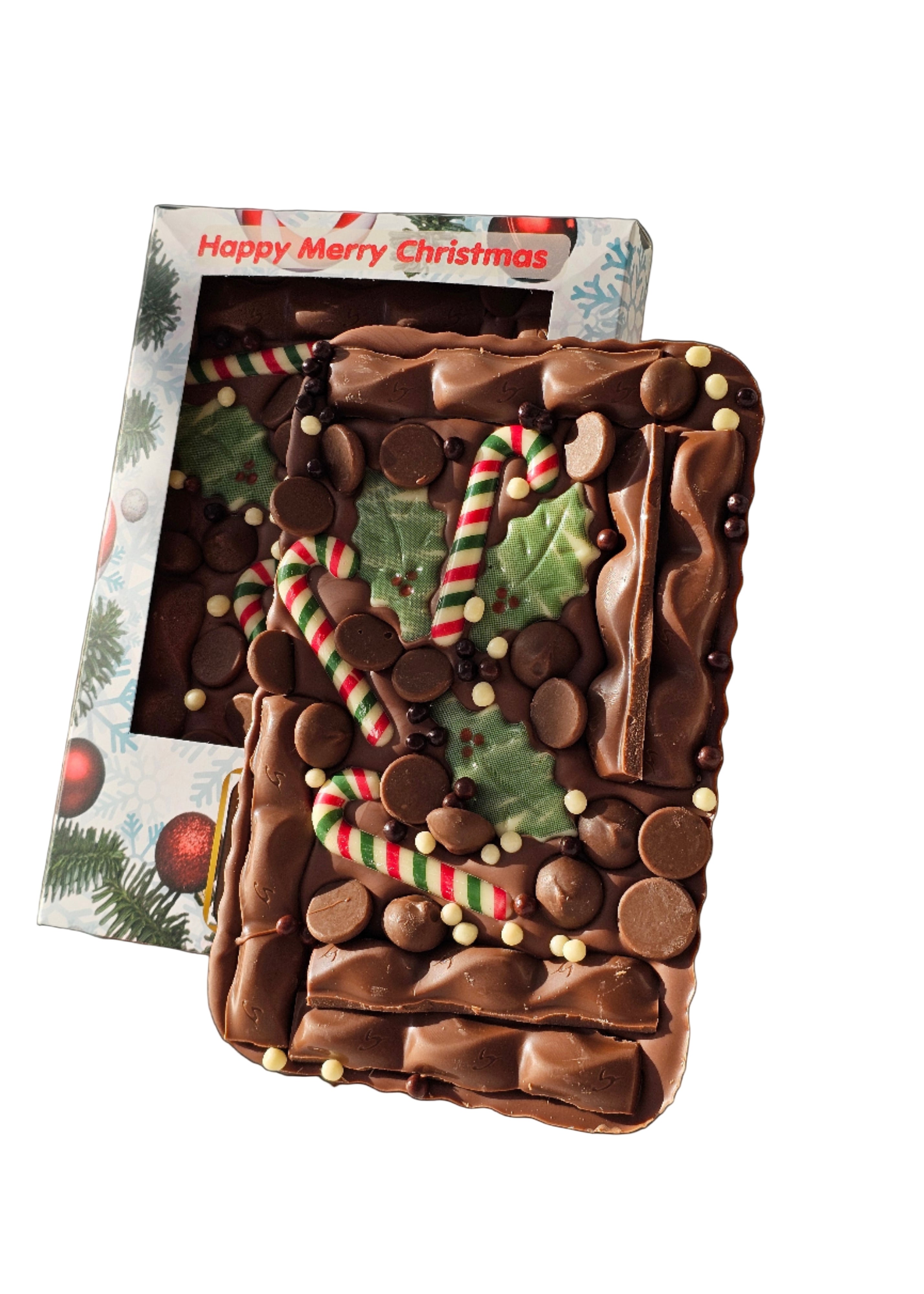 Chocolate bar with candy cane design and Christmas-themed packaging on a black background