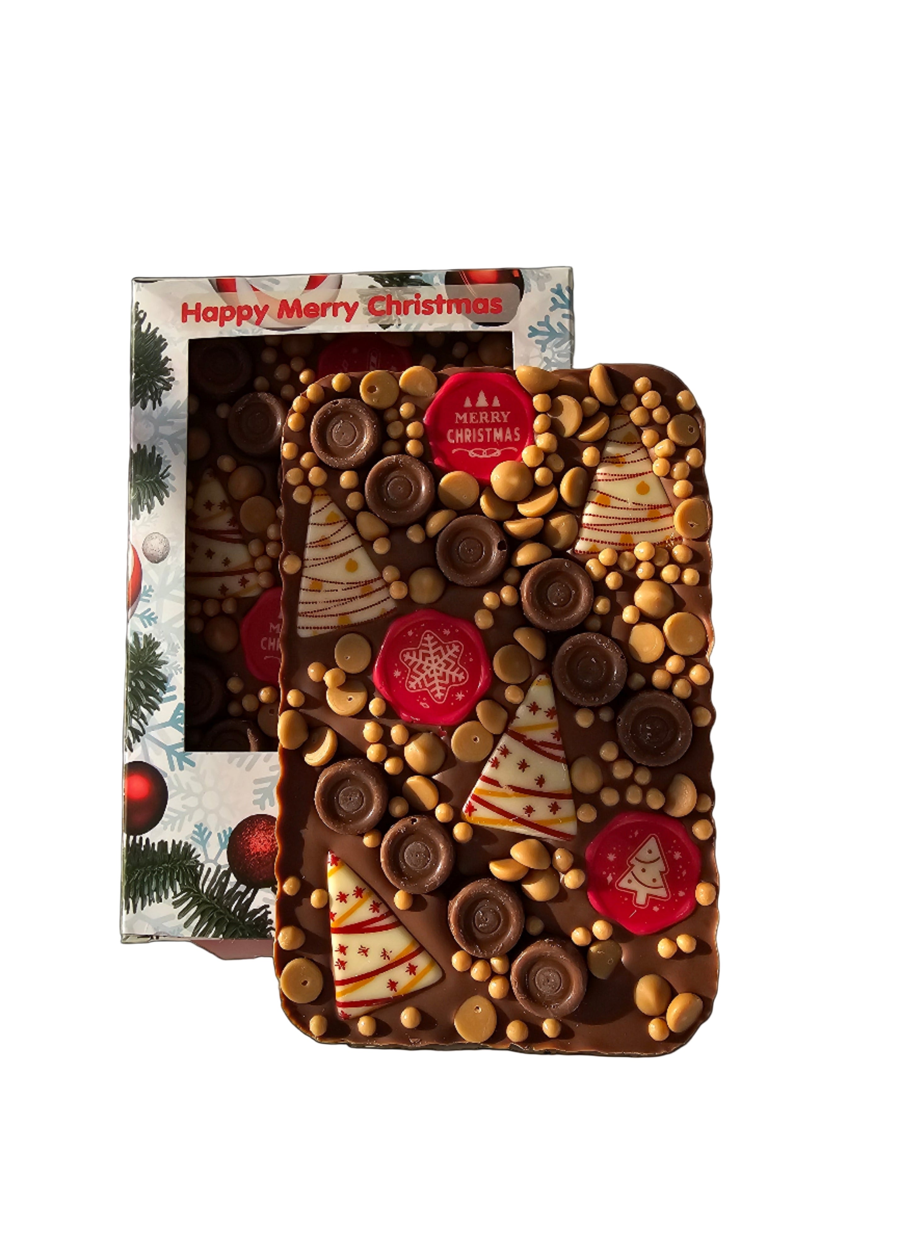 Chocolate assortment with a heart shape in a 'Happy Merry Christmas' box.