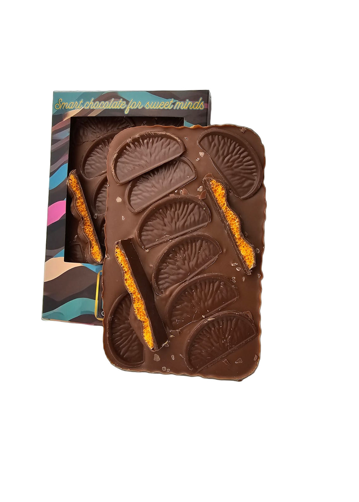 Chocolate product with orange zest on a black background