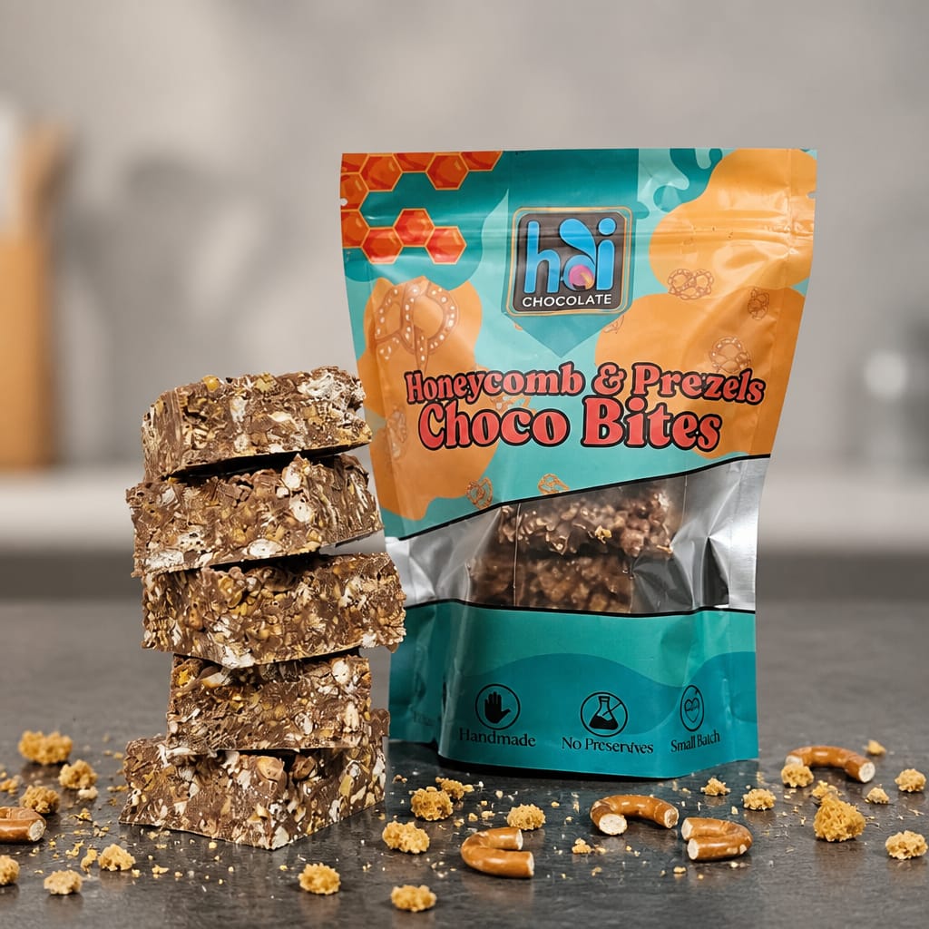Honeycomb & Pretzel Choco Bites - 200g Milk Belgian Chocolate -Handmade Chocolate Pouch