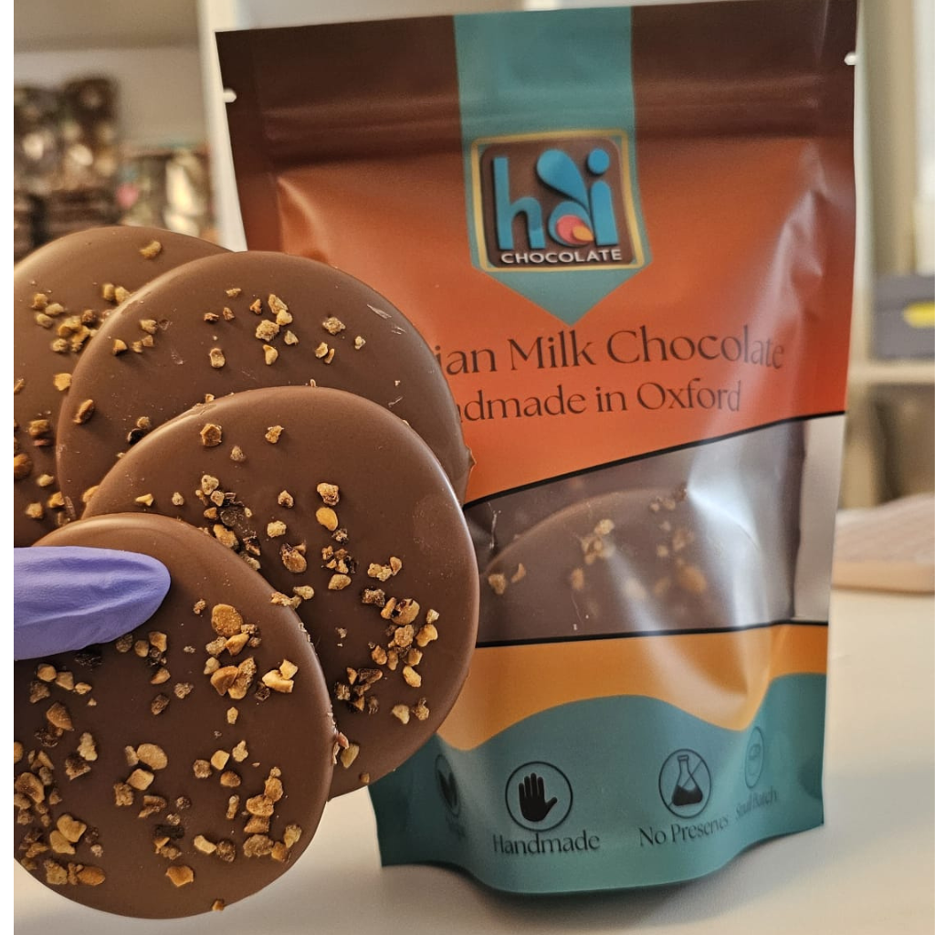 Caramelised Hazelnut Belgian Chocolate Disks 200g