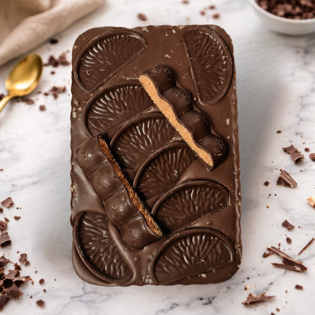 Popping Candy Orange Belgian Chocolate Slab 300g - main product photo | Hai Chocolate Oxford